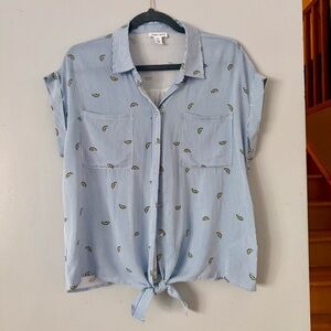 Blue Striped Women's Button Down Shirt with Lemon Pattern and Front Tye